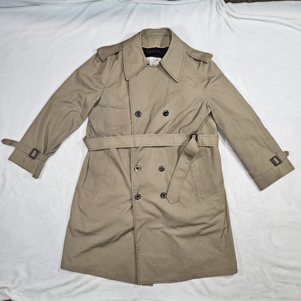 London Fog Maincoat Mens 44R Khaki Tan Fleece Lined Trench Coat